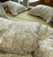 YICKYUE - Fashion pastoral flower green tulip lace beding set,twin full queen lovely cotton home textile bed sheet pillow case quilt cover