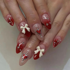 YICKYUE - Wine Red Bowknot Rhinestone Wearable Almond False Art Nail Valentine Detachable Finished Fake Nail Tips Press on Nails with Glue