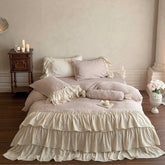 YICKYUE - Vintage Floral Embroidery Ruffles Bedding Set Pure Cotton Double Layer Crinkle Yarn Duvet Cover Bed Sheet Bed Skirt Pillowcases