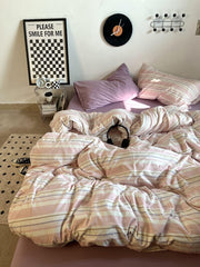 YICKYUE - Vintage Pastel Pink Stripes Bedding Set