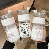 Yickyue 400ml Kawaii Bear Glass Cup With Straw Cute Bear Leak Proof Milk Tea Coffee Water Bottles Transparent Glass Office Cups BPA Free