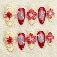 YICKYUE - 10pcs Handmade Press on Nails Ins 3D Hand-painted Red Flower False Nail Wearable Full Cover Yellow French Almond Fake Nail Tips