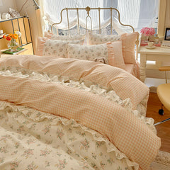 YICKYUE - Korean Style Pastoral Style Cotton Double-Layer Yarn Four-Piece Set Small Floral Ruffled Cotton Quilt Cover Super Soft Nude Sleeping Bedding