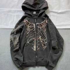 Hearujoy 90s Streetwear Men Hoodie Y2k Skull Korean Harajuku Y2k Zip Up Texture Hooded Sweatshirt Casual Fashion Long Sleeve Vintage Pocket Sweatshirt