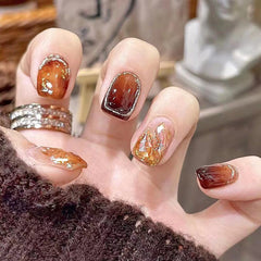 Yickyue Amber Fake Short Nails Tips Gradient Press on Nails Coffin Full Cover Ballerina Wearable Design Kiss False Nail with Glue