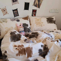 YICKYUE - 100% Cotton Bedding Set Cute Cartoon Grey Coffee Puppy Dog Bed 4pcs Dormitory Duvet Sets Bed Sheet Girl Boy Women Men Beddingset