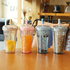 Kawaii Bubble Tea Water Bottle Plastic Cup With Straw Insulated Drinkware Tea Juice Girl Sparkling Bottles For School BPA Free