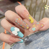 24Pcs/Box French Long Flower Fake Nails Bow Design Butterfly Full Cover Press On Nails Detachable False Nails with Glue