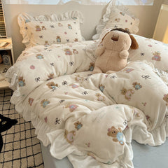 French Ruffled Embossed Cute Animal Milk Velvet 4-Piece Set