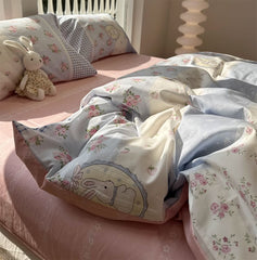 Yickyue - Cute cartoon rabbit strawberry flower pink beding set,twin full queen king cotton home textile bed sheet pillow case quilt cover