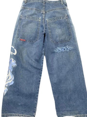Hearujoy 90s Streetwear Jeans Streetwear Y2K Mens Hip Hop Graphic Print Retro Blue Baggy Jeans Denim Pants New Gothic High Waisted Wide Trousers