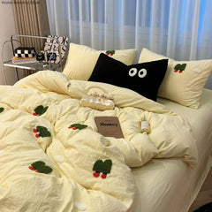 Yickyue Ins Cartoon Cute Dog Bedding Set Towel Embroidery Duvet Cover Queen Twin Full Size Pink Bed Flat Sheet Quilt Cover Pillowcases