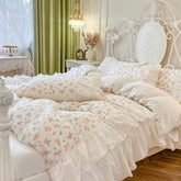 YICKYUE - Double Layer Yarn 100% Cotton Floral Print Pleat Lace Ruffles Bedding Set,1 Duvet Cover,2 Pillowcases,1 Flat sheet, Without Core