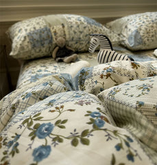 YICKYUE - Romantic vintage pastoral flower blue bedding set,twin full queen king cotton home textile bed sheet pillow case quilt cover