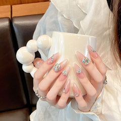 YICKYUE - Medium Length Fake Nails 3D Rhinestone Designs Nude With Star Color Press on Nails Pointy False Nails for Women DIY Nails