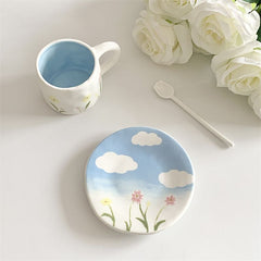 YICKYUE - New Chinese Cartoon Cartoon Coffee Cup Modern Simple Handmade Ceramic Cup and Saucer suit Afternoon Tea Tableware Mug