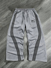 Hearujoy Men's Light Gray Athletic Straight-Leg Pants - Loose Fit with Striped Side Panels, Drawstring Waist, and Pockets, Polyester, Machine Washable, Wide Leg Pants