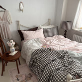 YICKYUE - Korean Vintage Cotton 4pc Bedding Set - Gingham & Floral Print