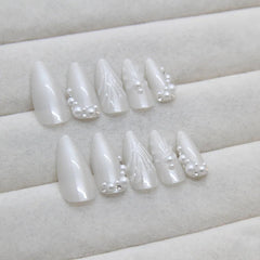 YICKYUE - 24pcs Aurora White Press on Nail 3D Pearl Decor Almond Shaped Fake Nails Wearable Full Cover Sweet Bride Fairy Fake Nail Patches