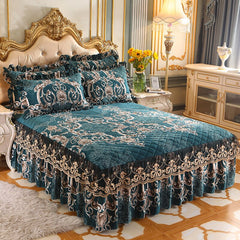 Thick Bedspread Warm Velvet Bed Covers Skirt Floral Print Pattern Lace Bedding Queen Bedded Set Mattress Cover Decor Decoration