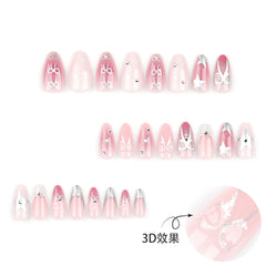 YICKYUE - 24pcs Sliver Star Printed Press on Nails Pink White Y2k Almond False Nails Patch Ins Fashion Sweet Girl Fake Nails Tips Wearable