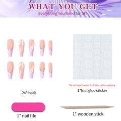 YICKYUE - 24pcs/box long ballet nails, flowers, press on nails, nail art patches, acrylic nails, for women and girls daily wear, y2k nails
