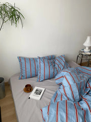 Yickyue New 100% Cotton Blue Bedding Set Luxury Simple Striped Bed Sheet Quilt Cover Pillow Case Bed Hat Fashion Design 2.0m/1.2m Bed