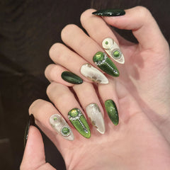 YICKYUE - 10pcs Luxury Handmade French Almond Press On Nails Dark Green Cat's Eye Design Fake Nails Rhinestone Decor Wearable False Nail