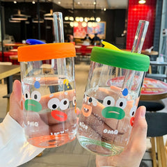 Yickyue 550ml Kawaii Cartoon Glass Cup With Lid and Straw Bubble Tea Cup Coffee Mug Juice Glass Beer Can Milk Mocha Water Cups Drinkware