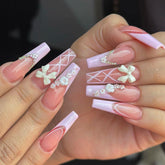 YICKYUE - 24pcs/box long ballet nails, flowers, press on nails, nail art patches, acrylic nails, for women and girls daily wear, y2k nails