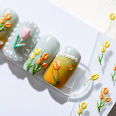 5D Tulips Yellow Purple Camellia Nail Stickers Embossed Relief Orchid Floral Leaf Flowers Carved Sliders Gel Polish Decortion