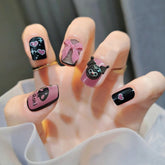 24pcs Short Bow Decal Fake nails with designs Full Cover Black Heart Nail Tips Halloween Diablo Series Press On Nails Coffin