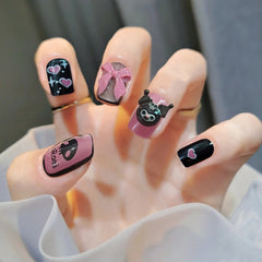Dark Red Short False Nails Artificial Black Bow Heart Design Fingernails Sweet Pearl Fake Nail Press On Nails Tips Art