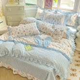 YICKYUE - Cartoon Princess Rabbit Bedding Set Kids Girls Ruffled Edge Bed Sheet Washed Cotton Duvet Covers With Rabbit Ears Decorations
