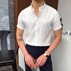 YICKYUE - Italian Summer Men Short Sleeve Striped Shirt British Casual Slim Shirt Retro Shirt Dress Camisa Masculina Social Summer