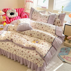 Yickyue Korean Comforter Bedding Set Washed Cotton Bed Four-Piece Set Princess Printed Soft Bed Linen Duvet Cover Set Floral Quilt Cover