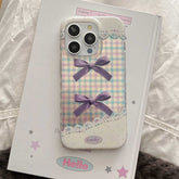YICKYUE - Ins Purple Bowknot Check Phone Case For Iphone 16ProMax 15Pro 13ProMax 16 13 14 15 Pro Max 15ProMax 14Pro Lace Points Cover