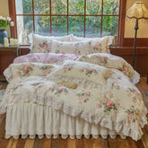 YICKYUE - French Vintage Pure Cotton Rose Print Ruffles Bedding Set Duvet Cover Set Bed Skirt Bedspread Pillowcases Queen King Size 4Pcs