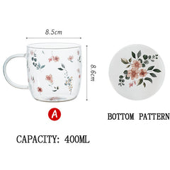 Coffee Mug Borosilicate Glass Creative Flower Pattern Tea Water Breakfast Cup with Handle Home Transparent Drinking Glasses