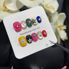 YICKYUE - 10pcs Handmade Short Press On Nails Cute Cartoon Colorful Star Design Y2K Sweet Cool Fake Nail Wearable Nails Art Tip Spicy Girl