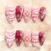 YICKYUE - 10pcs Handmade Press on Nails Ins 3D Flower Shell Design False Nail Full Cover Wearable Pink Cat Eye French Almond Fake Nails