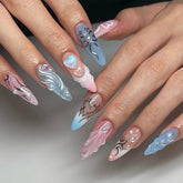 YICKYUE - 24PCS Long Almond French nails silver 3D Luxury designs Y2k nails press on False Nails Removable Fake artificial Nails Finished