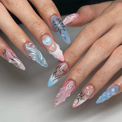 YICKYUE - 24PCS Long Almond French nails silver 3D Luxury designs Y2k nails press on False Nails Removable Fake artificial Nails Finished