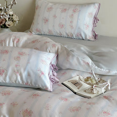 YICKYUE - Korean Summer Tencel Blend Bedding Set - 4PC Romantic Lace Trim | Cooling Cotton-like Sheets