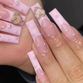 Yickyue 24Pcs Square Glitter False Nails Long Ballet Fake Nail French Love Butterfly Design Rhinestone Nail Tips Wearable Press on Nails