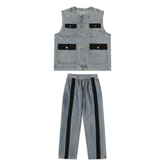 Hearujoy American Vintage Men Denim Two-piece Set Patchwork Multi Pocket Vest And Jeans Pant Fashion High Street Suit Tank Tops Outfits