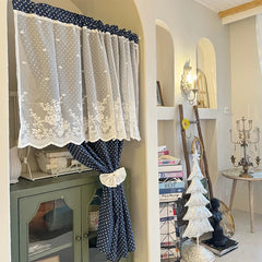 YICKYUE - Navy Dots Curtains with White Lace Double Layer for Cafe Kitchen Bedroom Aesthetic Living Room Decor Window Wall Home Decoration