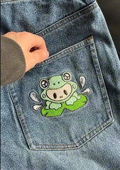 Hearujoy 90s Streetwear Women Retro Kawaii Cartoon Embroidery Shorts Blue Washed Street Hip Hop Baggy Denim Shorts Y2k Jorts Pantalones Cortos De Mujer