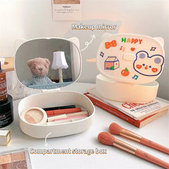 Kawaii Desktop Makeup Organizer Box with Mirror Portable Cosmetics Organizer Cat Ear Storage Vanity Mirror Desktop Organizer Box