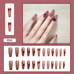 24pcs Jelly Burgundy Color Coffin Press On Nail tips With Bow Love Heart Print Full Cover Fake Nails Wearable Nail Art Tips